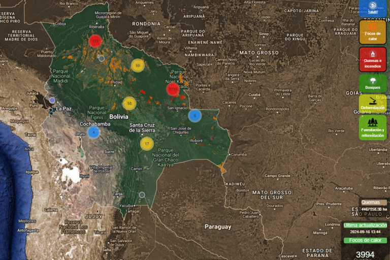 Mapa de focos de calor en Bolivia