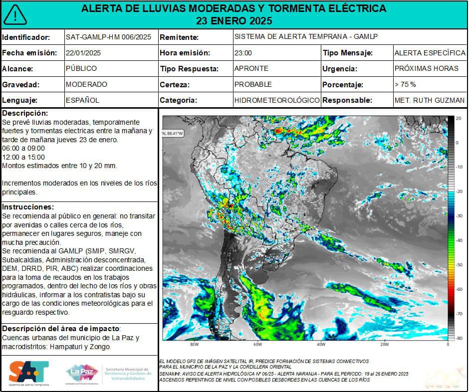 Alerta de lluvias moderadas y tormenta eléctrica 23 de enero 2025