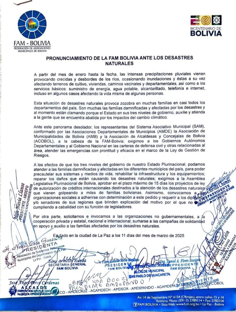 Pronunciamiento de la FAM-BOLIVIA a los desastres naturales