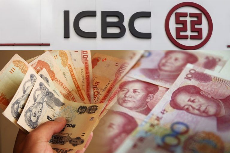 Billetes en Bs y Yuanes chinos junto al logo del Banco ICBC /Imagen Ilustrativa/