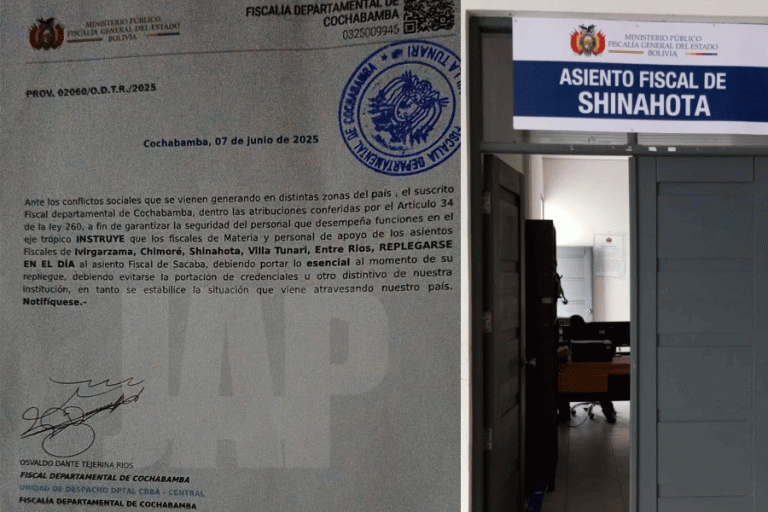 Repliegue de personal y puerta de la Fiscalía de Shinahota