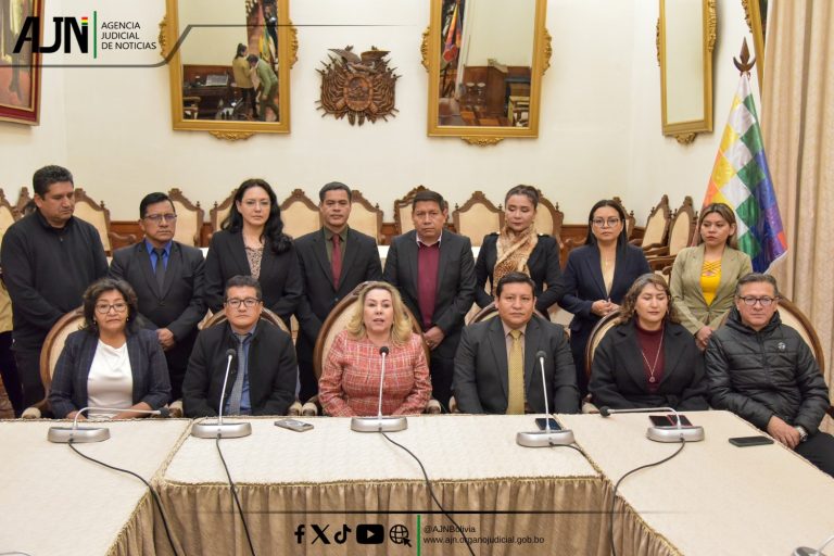 Salas plenas del Tribunal Agroambiental, Tribunal Supremo de Justicia y Consejo de la Magistratura en conferencia de prensa